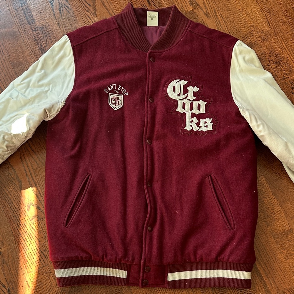 Crooks & Castles Maroon and White Varsity Jacket